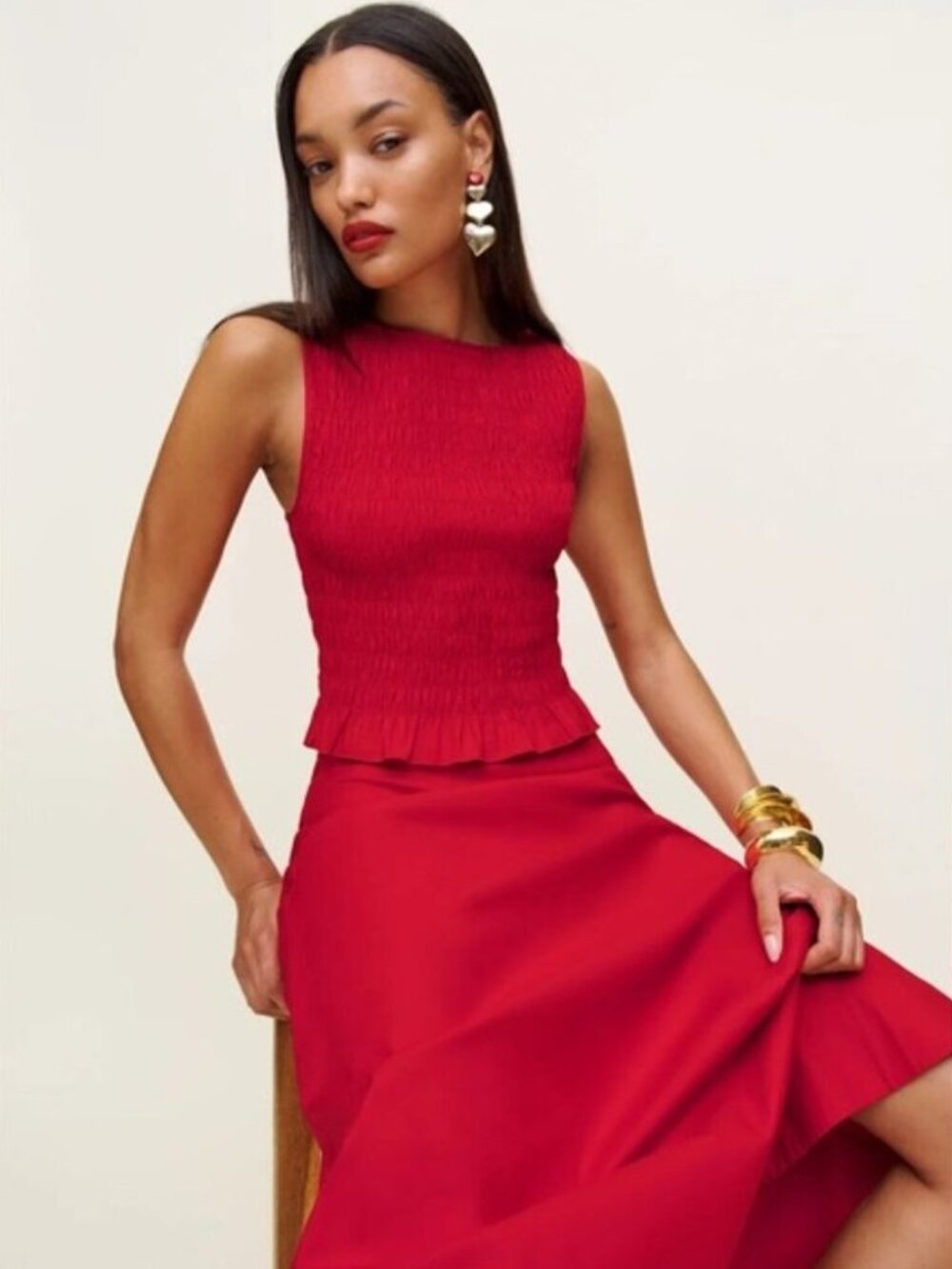 NEW Reformation Laguna Two Piece Matching Midi Skirt Set Lipstick Red US 2 UK 4 - Picture 2 of 14